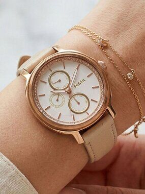 Fossil Women's Chelsey Chronograph Watch ES3930 | Rose Gold Case Leather Band